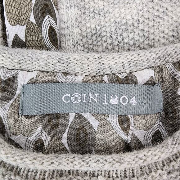 Coin 1804 Women Sweater Gray Split Back Leaf Print Shirttail Hem Pointelle Small - Picture 7 of 8